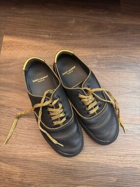 Saint Laurent Black Leather Low-Top Sneakers with Gold Laces